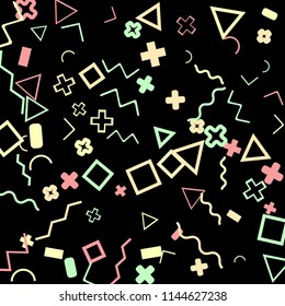 Abstract Memphis Pattern with Color Elements on Black Background.