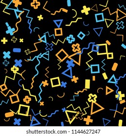 Abstract Memphis Pattern with Color Elements on Black Background.