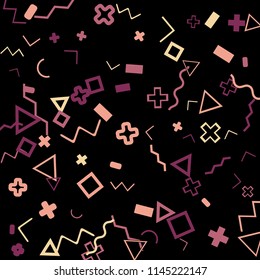 Abstract Memphis Pattern with Color Elements on Black Background.