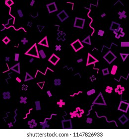 Abstract Memphis Pattern with Color Elements on Black Background.