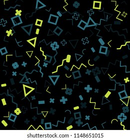 Abstract Memphis Pattern with Color Elements on Black Background.
