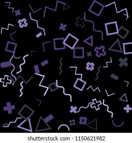 Abstract Memphis Pattern with Color Elements on Black Background.