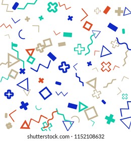 Abstract Memphis Pattern with Color Elements on White Background.
