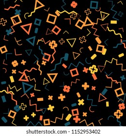 Abstract Memphis Pattern with Color Elements on Black Background.