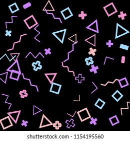 Abstract Memphis Pattern with Color Elements on Black Background.