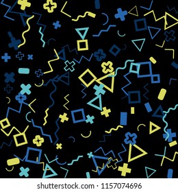 Abstract Memphis Pattern with Color Elements on Black Background.