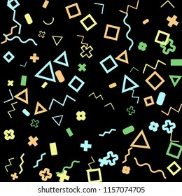 Abstract Memphis Pattern with Color Elements on Black Background.