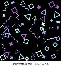 Abstract Memphis Pattern with Color Elements on Black Background.
