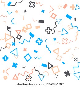 Abstract Memphis Pattern with Color Elements on White Background.