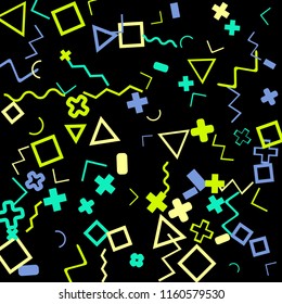 Abstract Memphis Pattern with Color Elements on Black Background.