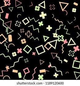 Abstract Memphis Pattern with Color Elements on Black Background.