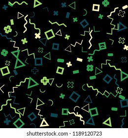 Abstract Memphis Pattern with Color Elements on Black Background.