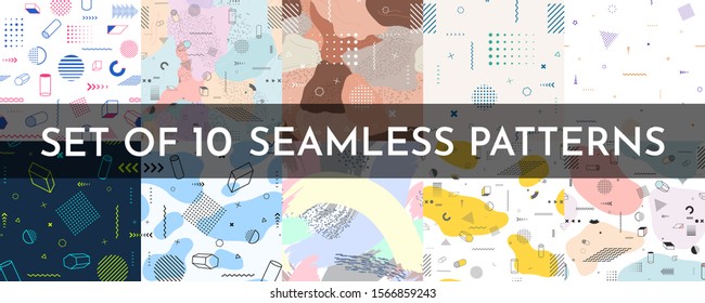 Abstract Memphis pattern seamless background set. Vector flat doodle illustration. Pastel wallpapers. Trendy 80s-90s pop art style. Color ink brush, design with dots, fluid and liquid elements