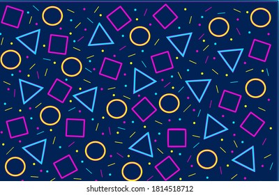 Abstract memphis pattern seamless design, geometric vector with neon figures on dark blue backdrop. Minimalist geometric vector design, simple seamless geometric brochure, banner, cover or flyer 