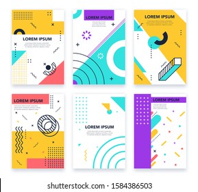 Abstract memphis poster. Graphical minimalistic 80s memphis frame, abstract circle, lines and dots elements, colourful retro geometric invitation isolated vector set. Printable brochure pages layout