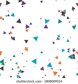 Abstract Memphis seamless pattern with colorful chaotic small triangles. Infinity triangular messy geometric pattern. Colorful Terrazzo tile. Vector illustration.
