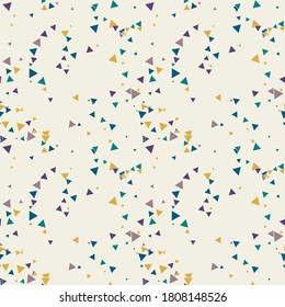 Abstract Memphis seamless pattern with colorful chaotic small triangles. Infinity triangular messy geometric pattern. Colorful Terrazzo tile. Vector illustration.