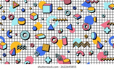 Abstract Memphis seamless pattern with geometric shapes. Vector tile background ornament with retro modern elements of 80s or 90s on checkered notebook page. Vibrant motif with bright creative figures