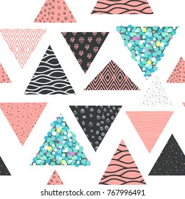 Abstract Memphis Seamless Pattern with Geometric Shapes. Hipster Background with Triangles. Vintage 80s 90s Design for Fabric, Poster, Cover. Vector illustration