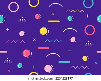 Abstract memphis seamless pattern isolated on purple background. Colorful pattern from geometric shapes in Memphis 80s-90s style. For use in web design, invitation, poster, print. Vector illustration.