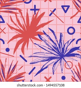 Abstract Memphis seamless pattern with tropical leaves, geometric shapes, grid. 80s 90s vector background for fashion, wallpaper, wrapping, etc in trendy colors