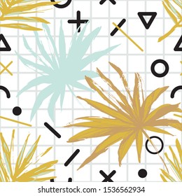 Abstract Memphis seamless pattern with tropical leaves, geometric shapes, grid. 80s 90s vector background for fashion, wallpaper, wrapping, etc in trendy colors. Back to school concept