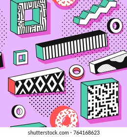 Abstract Memphis Seamless Patterns with 3d Geometric Shapes. Fashion 80s 90s Fabric Design. Trendy Hipster Background. Vector illustration