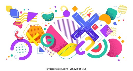 Abstract Memphis shapes background with geometric figures and color elements, vector banner or poster. Memphis style art background with trendy modern or retro simple geometric shapes and big figures