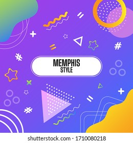 Abstract Memphis style background with bright color geometric lines, waves, shapes. Circles, triangles, dots on a purple background for use for posters, advertising, print, banners, mobile, web.