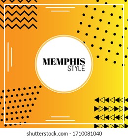 Fondo de estilo memphis abstracto con líneas geométricas de colores brillantes, olas, formas. Círculos, triángulos, puntos sobre un fondo naranja para uso en afiches, publicidad, impresión, banners, móviles, web.