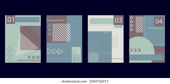 abstract Memphis style background brochure book covers set in modern minimalist geometric design templates with circle, triangle, hexagonal and squares shapes elements composition