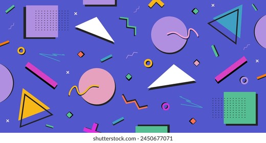 Abstrakter Memphis-Stil Hintergrund. Mehrfarbig, Retro, 90er, Vektorillustration. Helle geometrische Formen.