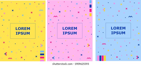 Abstract memphis style background set. Geometric colorful minimal graphic design collection. Three retro 80's style bright color vector templates