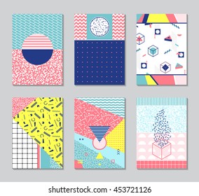 Abstract Memphis Style Cards. Retro Texture, Pattern And Geometric Elements.