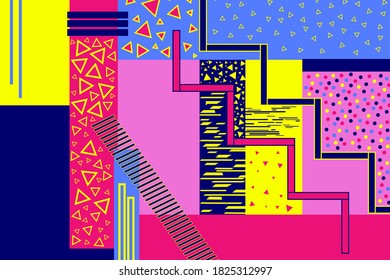 Abstract memphis style colorful geometric creative pattern. Pop art bright colors vector design, yellow, blue, pink and purple colour geometric figures, lines, dots and shapes elements 