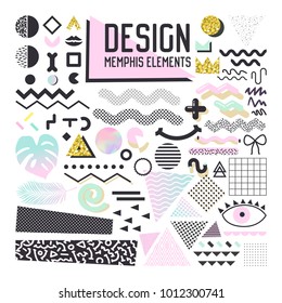 Abstract Memphis Style Design Elements Set. Geometric Shapes Collection for Patterns, Backgrounds, Brochure, Poster, Flyer, Cover. Vector illustration