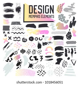 Abstract Memphis Style Design Elements Set. Hand Drawn Grunge Brush Collection for Patterns, Backgrounds, Brochure, Poster, Flyer, Cover. Vector illustration