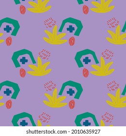 Resumen de estilo Memphis, doodle sin fisuras con más, formas geo, arbusto o elemento floral. Estilo infantil. Corta papel.