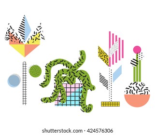 Abstract memphis style flowers and plants vector illustrations. Color blocs and geometric elements retro 80s style.