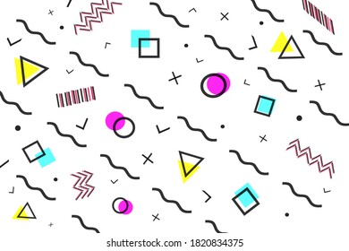 Resumen memphis estilo diseño de vector geométrico, fondo de patrón de figuras abstractas. Capa de folletos de hipster a la moda con iconos de color morado, amarillo y azul para publicidad
