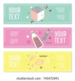 Abstract Memphis Style Horizontal Banners with Geometric and Hand Drawn Elements. Creative Modern Composition for Poster, Advertising Design. Vector illustration