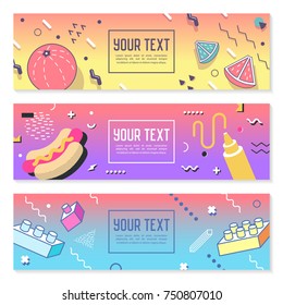 Abstract Memphis Style Horizontal Banners with Geometric Elements. Creative Trendy Retro 80s 90s Composition for Posters, Advertising Design. Vector illustration