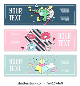 Abstract Memphis Style Horizontal Banners with Geometric Elements. Creative Hipster Modern Composition for Poster, Advertising Design. Vector illustration