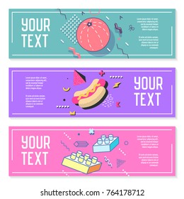 Abstract Memphis Style Horizontal Banners with Geometric Elements. Creative Trendy Modern Composition for Posters, Advertising Design. Vector illustration