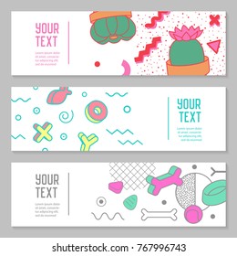 Abstract Memphis Style Horizontal Banners with Geometric Elements. Creative Hipster Modern Composition for Poster, Advertising Design. Vector illustration