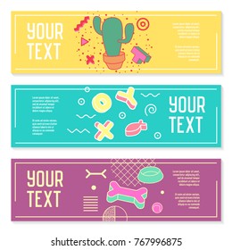 Abstract Memphis Style Horizontal Banners with Geometric Elements. Creative Hipster Modern Composition for Poster, Advertising Design. Vector illustration