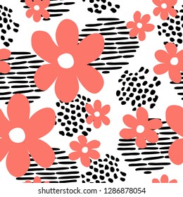 Abstract memphis style insprired hand drawn vector seamless pattern, simple line art shapes and flowers. Three color pattern tile, black, pink, white background.
