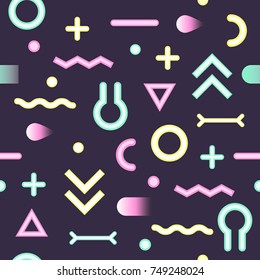 Abstract Memphis Style Neon Seamless Pattern with Geometric Shapes. Vintage 80-90s Fashion Bright Trendy Composition for Card, Poster, Banners, Cover Design. Vector illustration