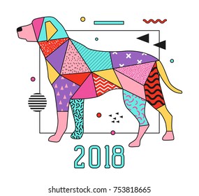 Abstract Memphis Style Placard with Dog for 2018 New Year Design. Geometric Shapes Trendy Background. Vector illustration
