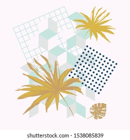 Abstract memphis style poster. Dot, grid, hexagon shapes, grunge textured tropical leaf background. Hand drawn floral art illustration for modern art, hipster, geometric design. Back to school concept